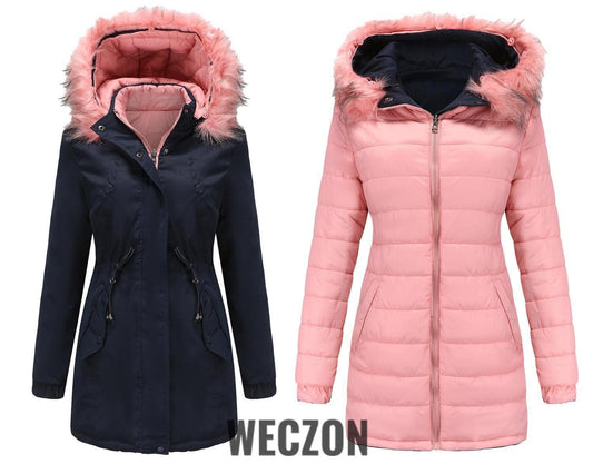 Women Cotton Padded Coat Detachable Fur Collar Quilted Parka