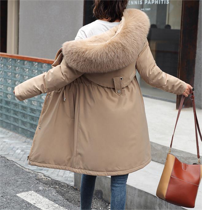 Women's Cotton Padded Mid Length Big Fur Collar Fleece Lined Jacket