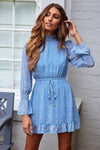 Printed stand-collar long-sleeve A-line dress