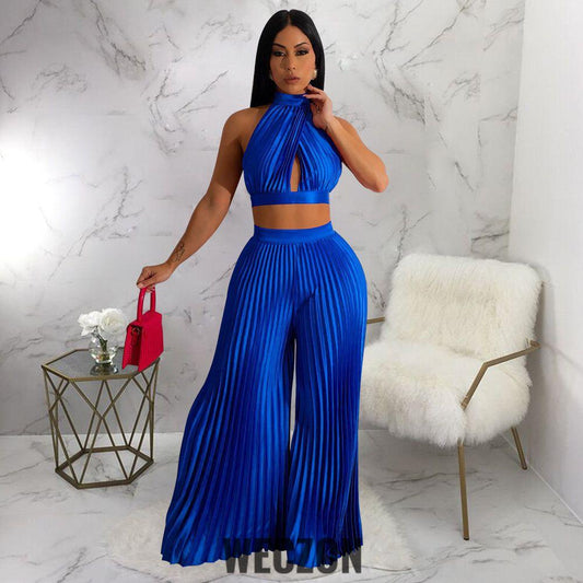 Halter Backless Silk Pleated Wide Leg Pants Two Piece Set