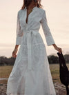 Embroidered Blouse Collar Belted Maxi Dress