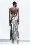 Metallic Cold Shoulder Sleeveless Bright Strap Metal Hanging Collar Dress