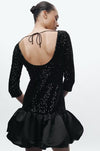 Sexy A-Linien-Kleid mit U-Ausschnitt und hoher Taille in Schwarz mit Pailletten