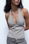 French Minority Halter Backless Contrast Top