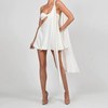 White Satin Slant Shoulder Mini Party Dress