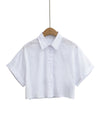 Chemise décontractée courte en lin à col Polo de couleur unie pour femmes avec simple boutonnage