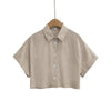Chemise décontractée courte en lin à col Polo de couleur unie pour femmes avec simple boutonnage