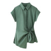 Loose Solid Color Poplin Short Sleeve Shirt with Collared Cardigan Knot for Women