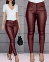 Solid Color Faux Leather Casual Skinny Pants Women