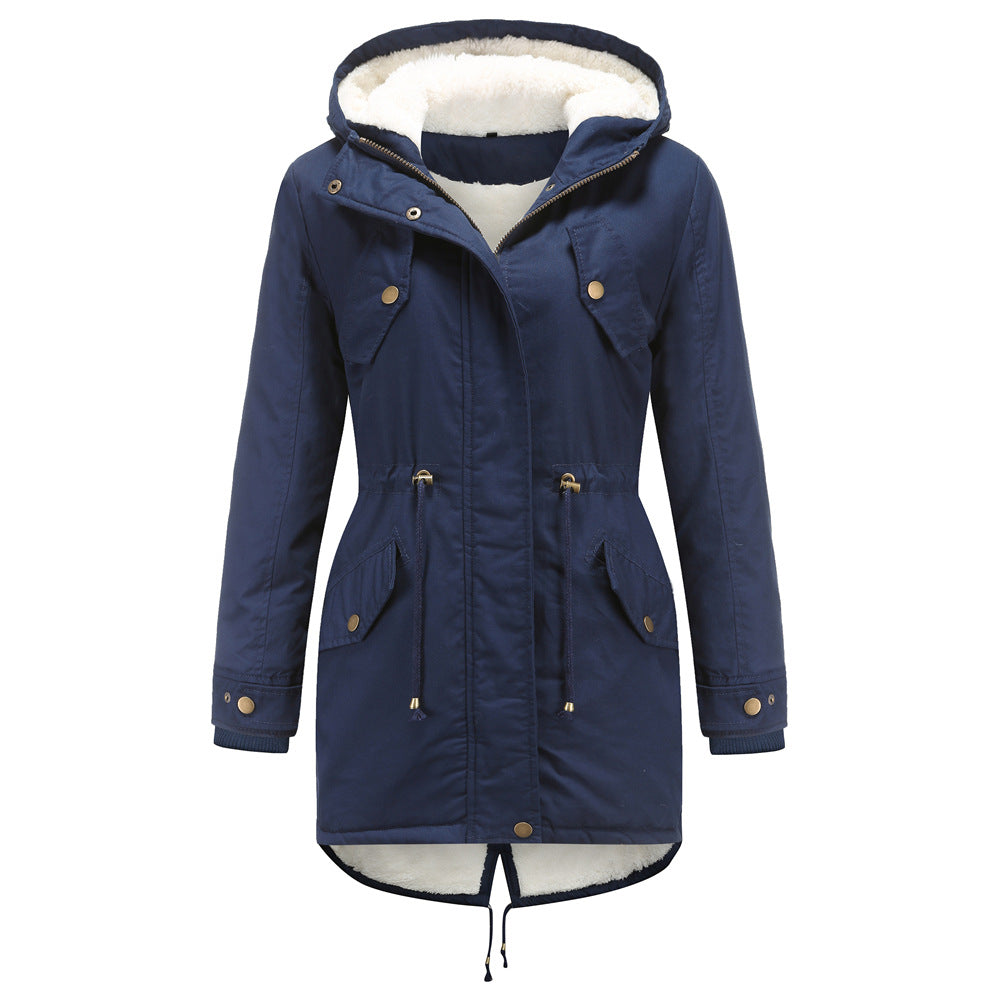 Thickening Cotton Padded Coat Women Solid Color Hooded Drawstring