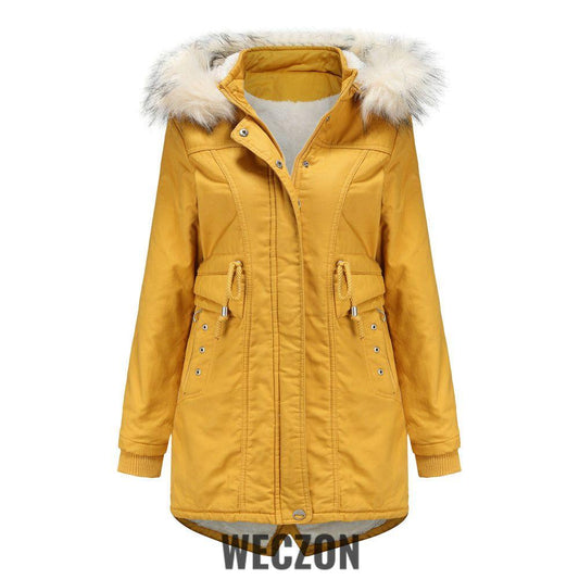 Plus Size Cotton-Padded Fleece Mid-Length Detachable Hat Winter Coat