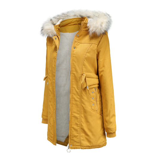 Plus Size Cotton-Padded Fleece Mid-Length Detachable Hat Winter Coat