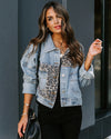 Veste en jean à manches longues pour femme Leopard Splicing