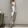 Solid Color Alphabet Embroidery High-Waist Lace-Up Ankle-Banded Slacks for Women