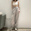 Alphabet Embroidery High Waist Lace Up Ankle Banded Pants