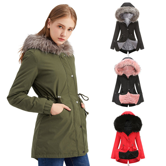 Mid length hooded cotton padded winter coat with fur collar