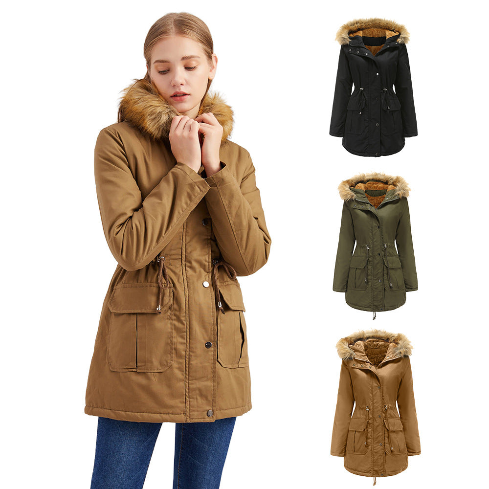 Plus Size Women's Fleece Lined Cotton Padded Coat with Fur Collar