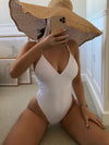 swimsuit one piece high cut white V-neck