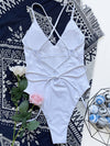 swimsuit one piece high cut white V-neck