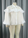 Lace See-Through Long Sleeve Top with Ruffled Puff Sleeve Cardigan