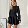 Elegant Texture Round Neck Long Sleeve Black Lace Dress