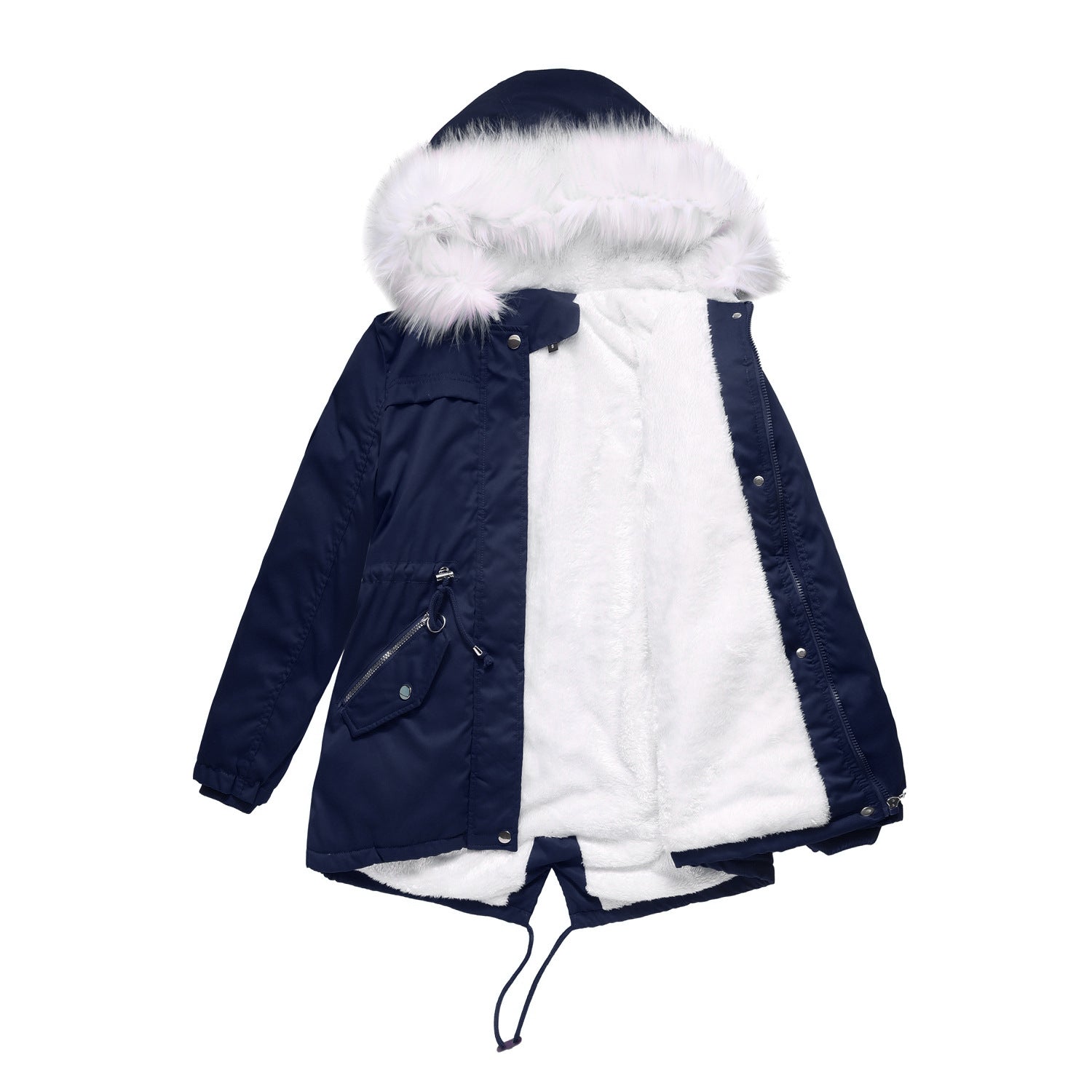 Women Cotton Padded Coat with White Fur Collar Parka Mid Length