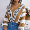 Contrast Color Leopard Print Lantern Sleeve Knitted Sweater