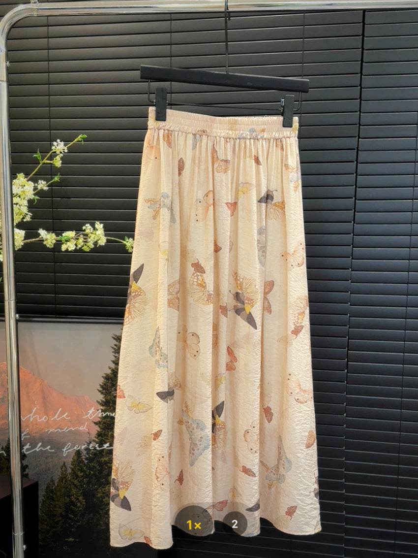 Butterfly Print Elastic Waist A-Line Skirt