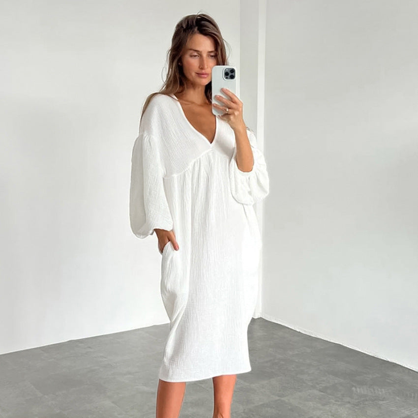 Gauze Cotton V-neck Lantern Sleeve Homewear Pajamas