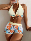Lace Printing Solid Color Stitching Swimsuit