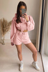Solid Color Hooded Puff Sleeve Shorts Suit