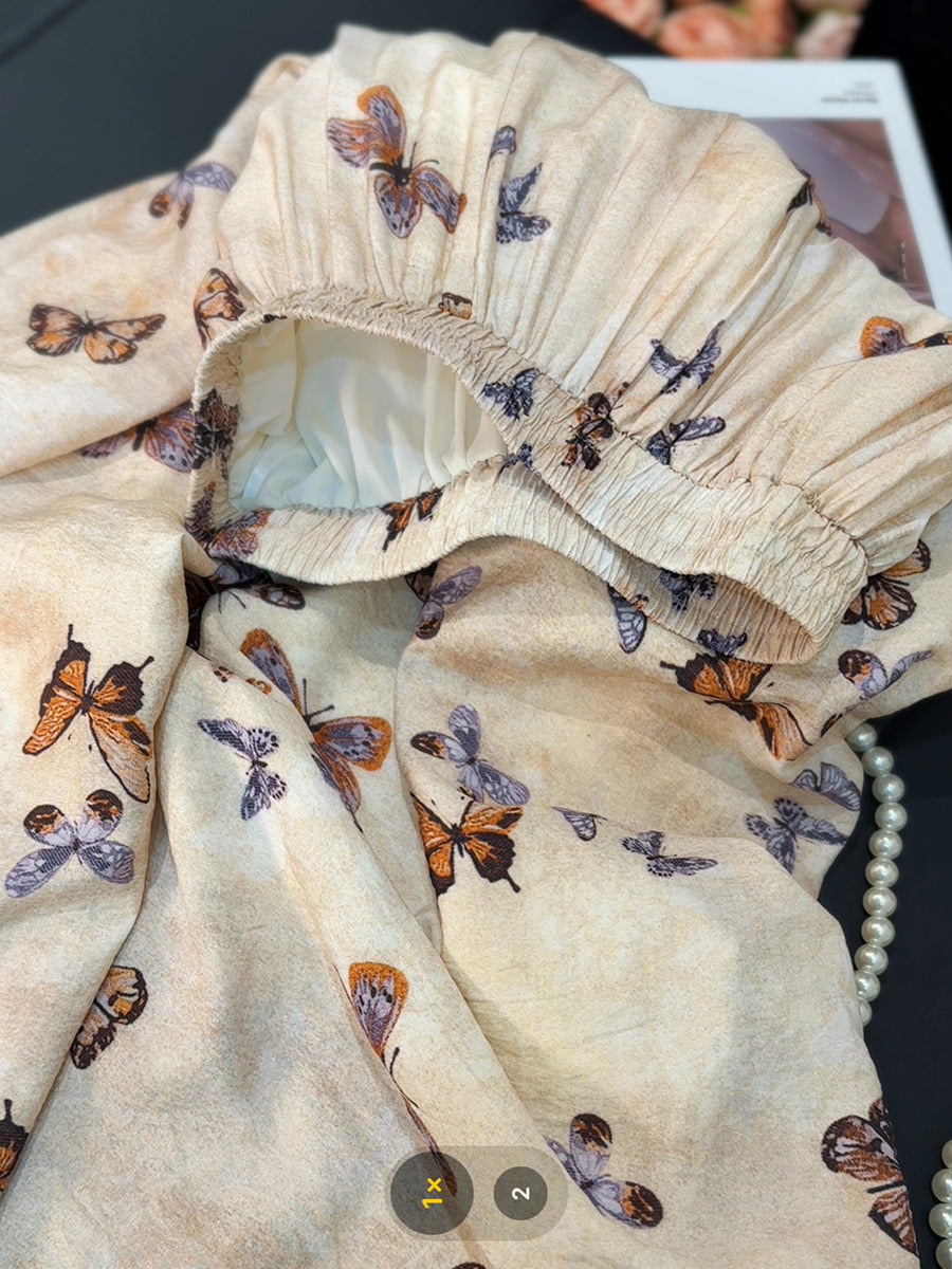 Butterfly Print Elastic Waist A-Line Skirt