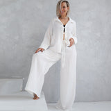 Long Sleeve Crepe Trousers Suit Cotton White Women's Pajamas