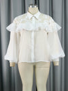 Lace See-Through Long Sleeve Top with Ruffled Puff Sleeve Cardigan