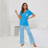Solid color V neck striped T women Casual Suit Pajamas