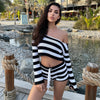 Knitted Striped Shorts Set Long-Sleeved Cropped Short Top Two-Piece Set