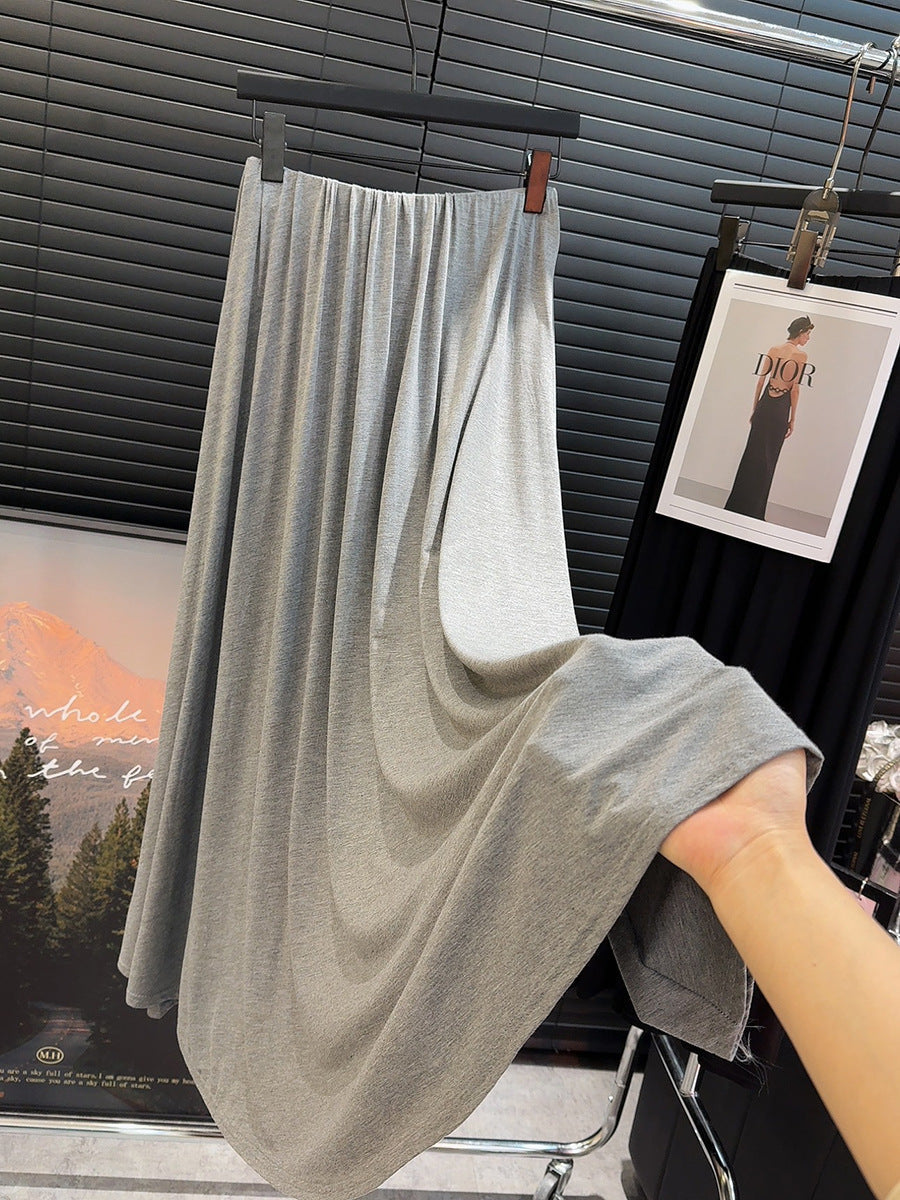 Gray Ice Silk Draping Long Skirt Figure-Flattering Casual Swing