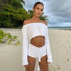 Knitted Striped Shorts Set Long-Sleeved Cropped Short Top Two-Piece Set