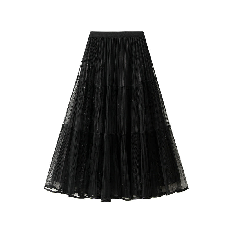 Bright Yarn Mesh Pleated Long Skirt Double-Sided