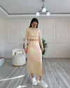 Solid Color Round Neck Long Sleeve Top with Split Skirt Set