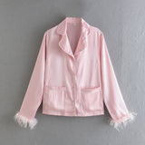 Pink Long Sleeve Feather Decorative Shirt