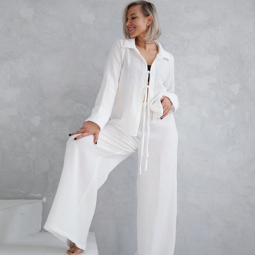 Long Sleeve Crepe Trousers Suit Cotton White Women's Pajamas