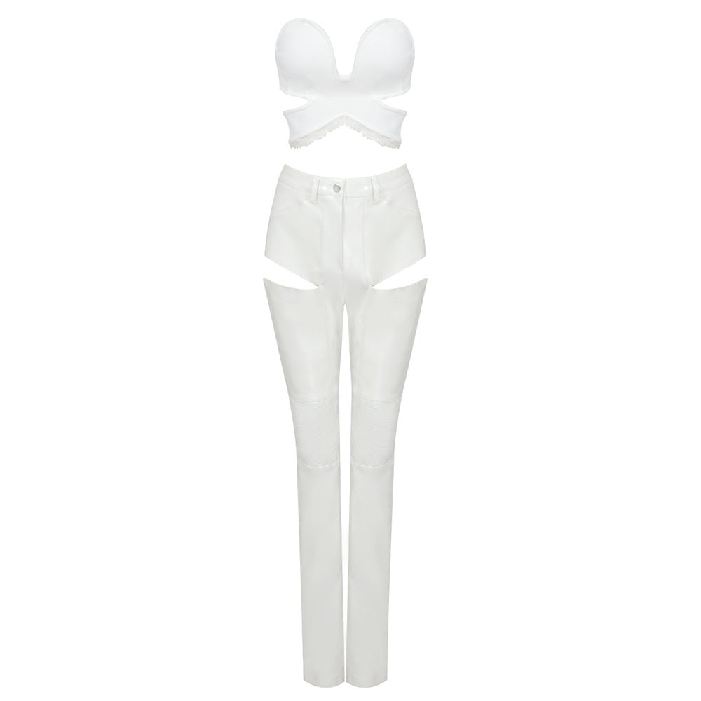 white leather pants Two Piece Set Casual Suit