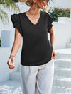 Solid Color V neck Casual Ruffle Sleeve Top Women
