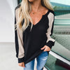 Waffle Knitted Top Women Long Sleeve V-Neck