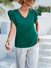 Solid Color V neck Casual Ruffle Sleeve Top Women