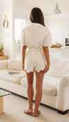 Cotton Embroidered Collared Waist Short Sleeve Jumpsuit