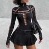 Spider Web Turtleneck Slim Fit Jumpsuit with Hollow Out Ripped Detail