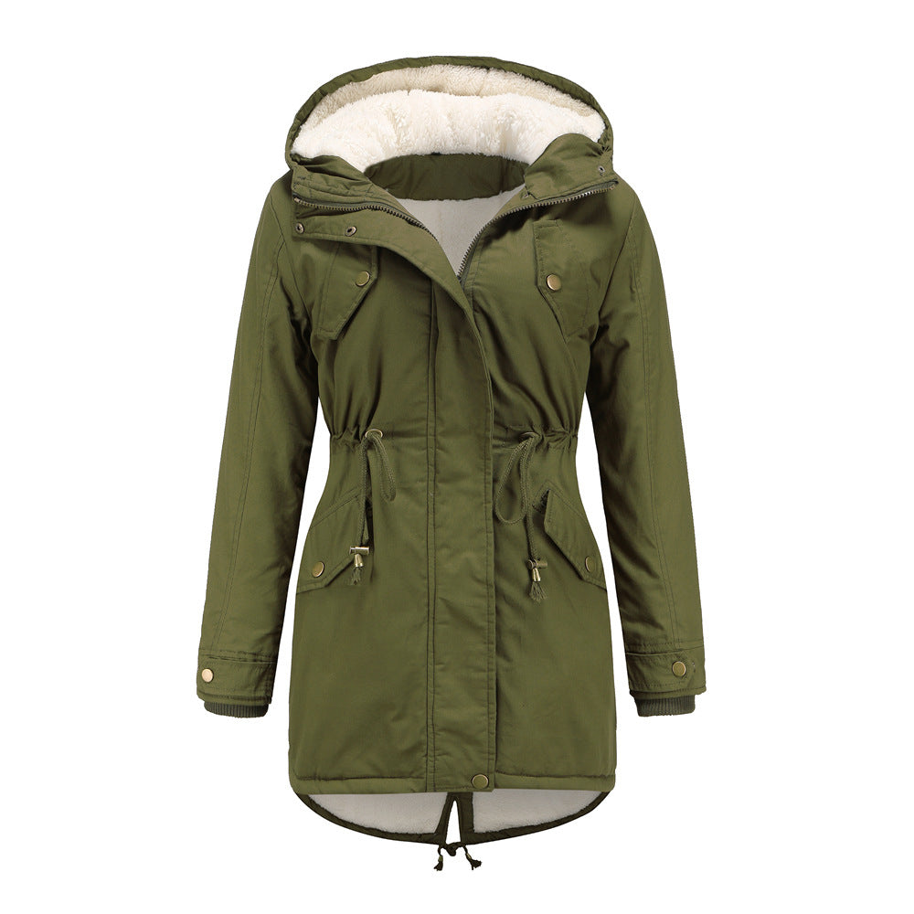 Thickening Cotton Padded Coat Women Solid Color Hooded Drawstring