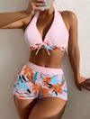 Lace Printing Solid Color Stitching Swimsuit